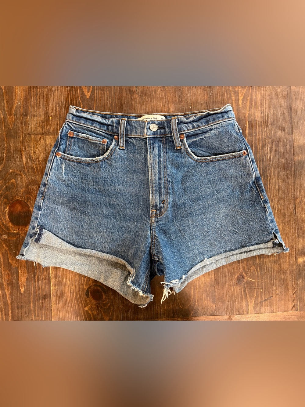 Abercrombie & Fitch Medium Blue Denim High-Rise Rolled Cuff Shorts